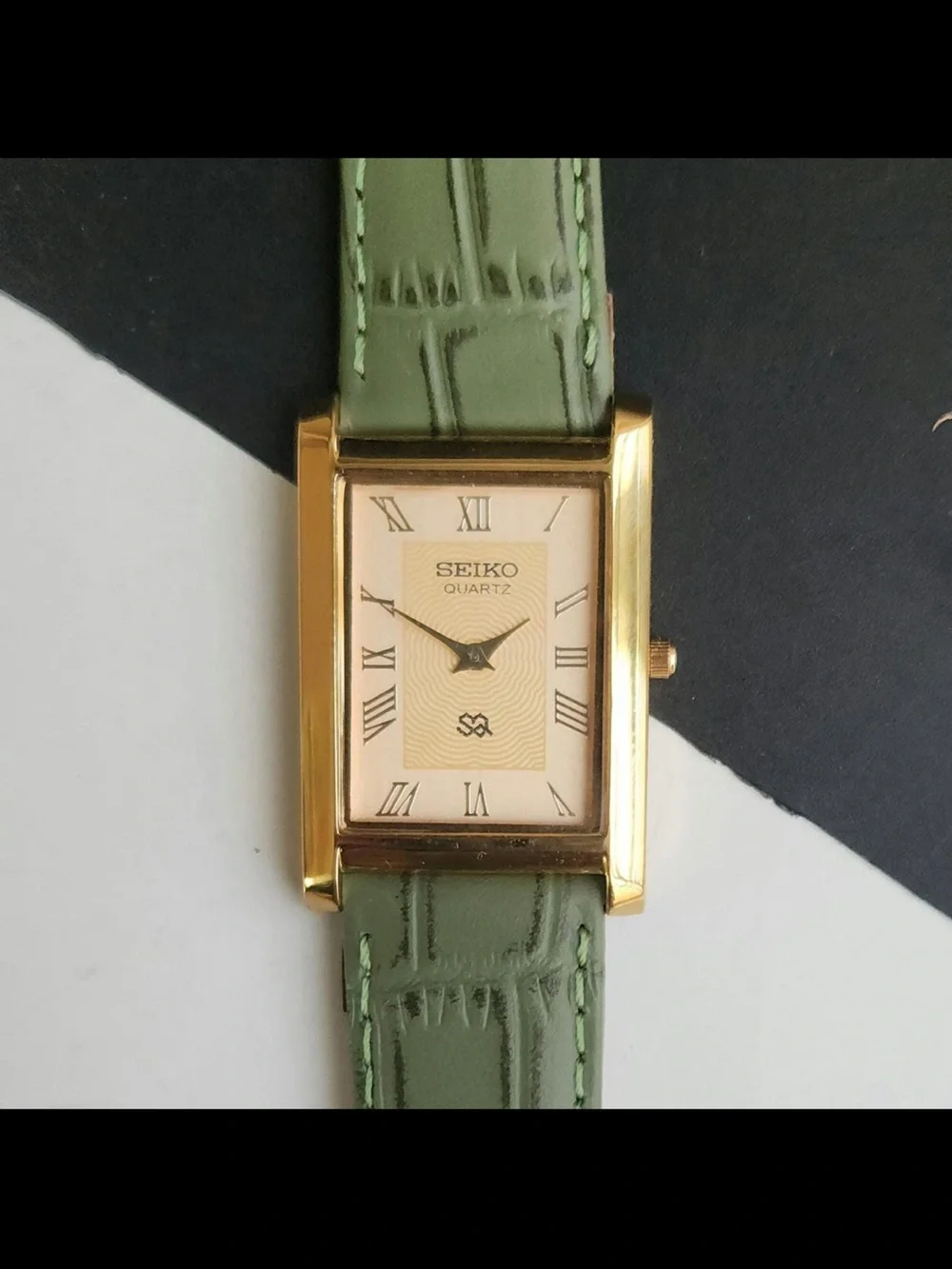 Seiko Gold-Tone Rectangular Watch with Green Leather Strap